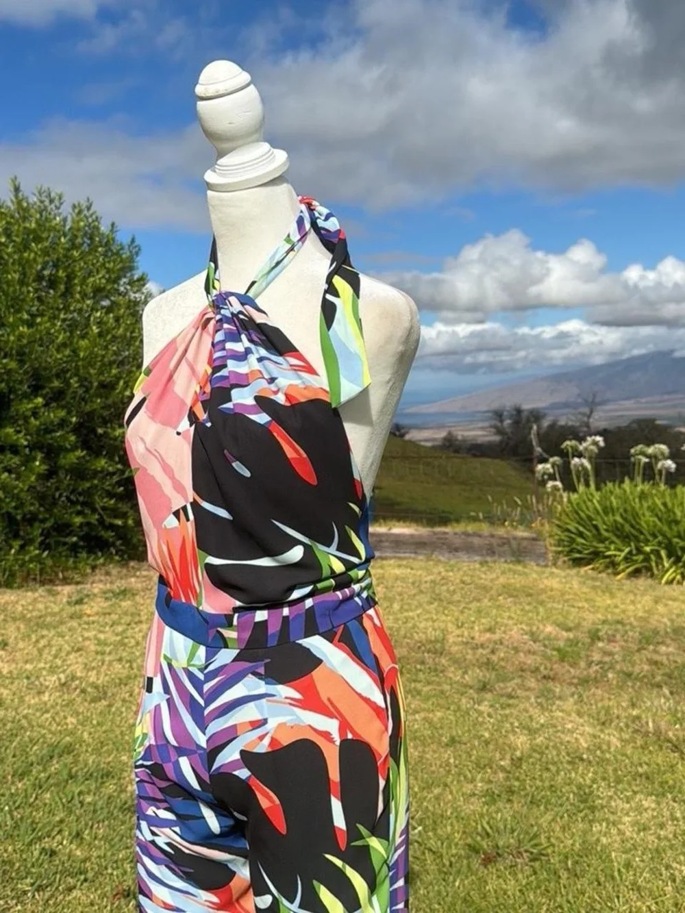 NWT Natori tropical Resortwear Monstera Jumpsuit halter Flare leg Retro  Size 0